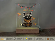 a raccoon is sitting on a wooden base