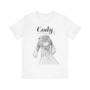 a white t - shirt with a drawing of a dog