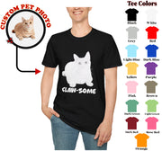 a woman wearing a t - shirt with a picture of a cat on it