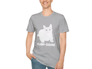 a man wearing a gray t - shirt with a white cat on it