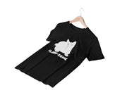 a black t - shirt with a white dog on it