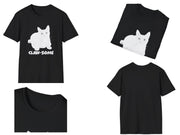 a black shirt with a white cat on it