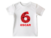 a white t - shirt with the number six on it