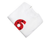 a white t - shirt with the number six printed on it