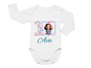 a white bodysuit with a girl's name on it