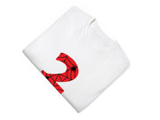 a white t - shirt with a red spider web on it