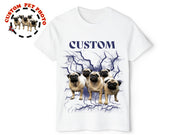 a white shirt with three pugs on it