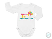 a white bodysuit with balloons that says ruby's big celebration