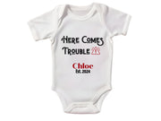Personalized Name Shirt with Here Comes Trouble Text for Toddler Girls