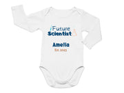 a white bodysuit with the words future scientist and an orange beak