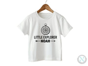 a white t - shirt with the words little explorer noah on it