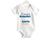 a white bodysuit with the words future scientist on it