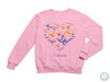 a pink sweatshirt with a heart and butterflies on it