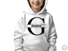 a young boy wearing a white hoodie with the letter g on it