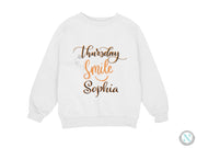 a white sweatshirt with the words monday smile sophiia on it