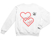 a white sweatshirt with a red heart and a bee on it