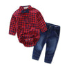 RED CHECK PATTERN SHORT LEG ROMPER WITH BOW TIE & BLUE JEANS PANTS - SkipStars